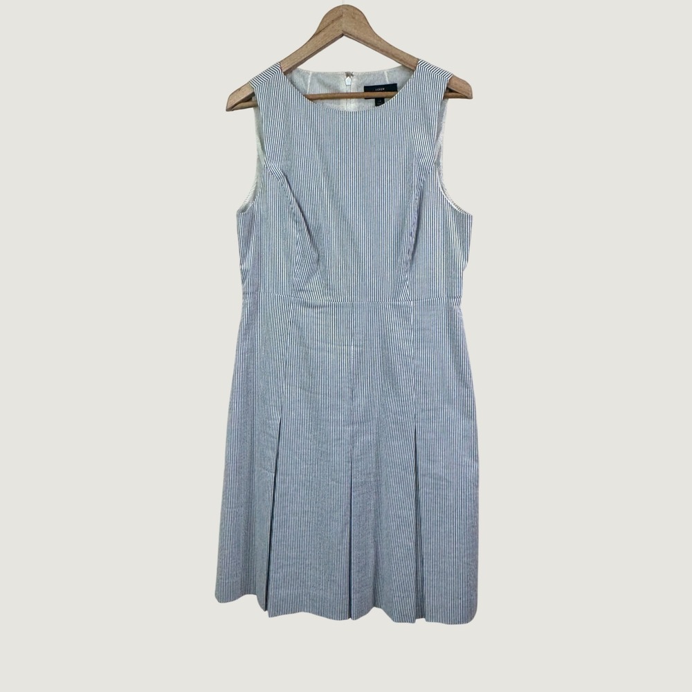 J.Crew Women Seersucker Striped Sleeveless Pleated Sheath Dress Blue White 14
